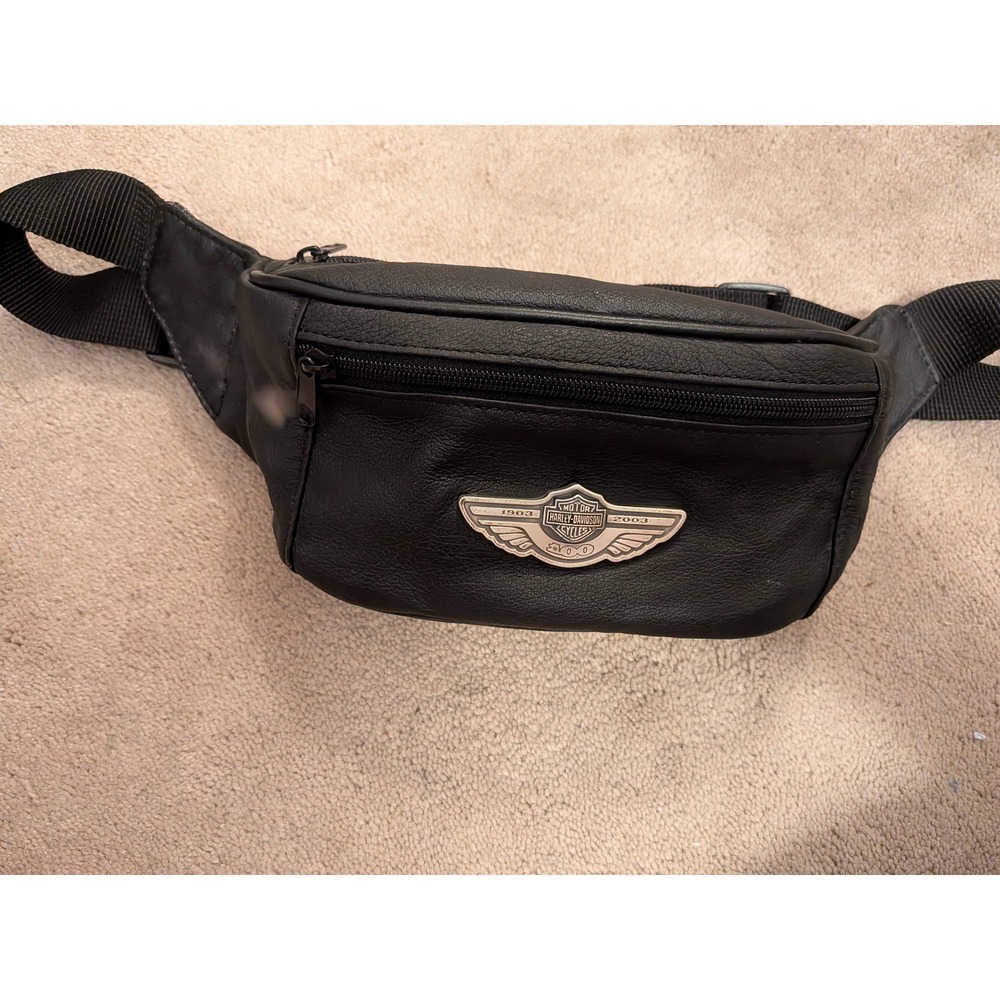 Harley Davidson 100th Anniversary Black Leather Fanny Pack Waist Bag